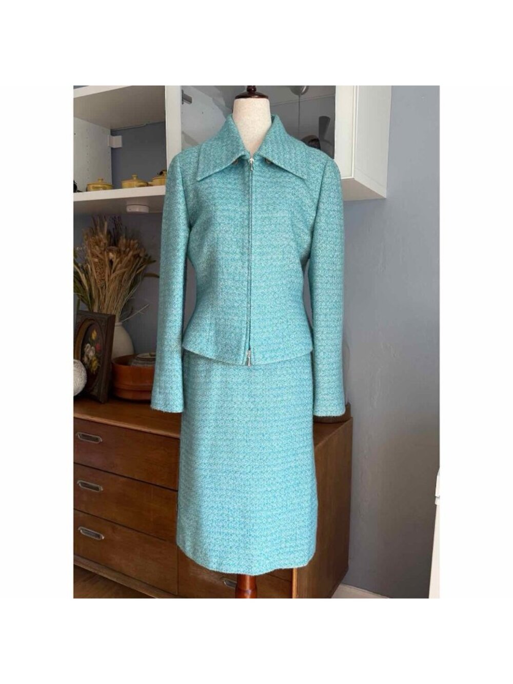 Vintage Perserico Wool Blend Tweed Jacket Skirt Suit Blue White Sz 42 , US 6